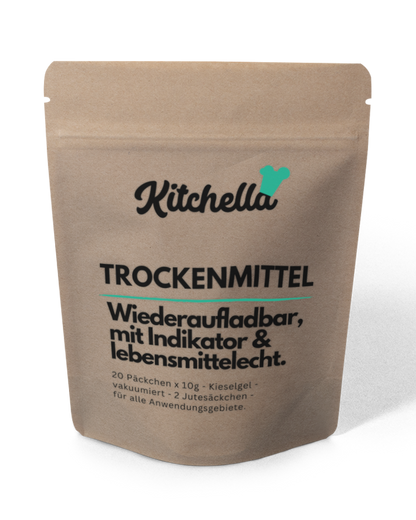 Kitchella Trockenmittel - Wiederverwendbares Kieselgel (20x10g) - Mit 2 Jutebeuteln - Mit Indikator für alle Anwendungsgebiete